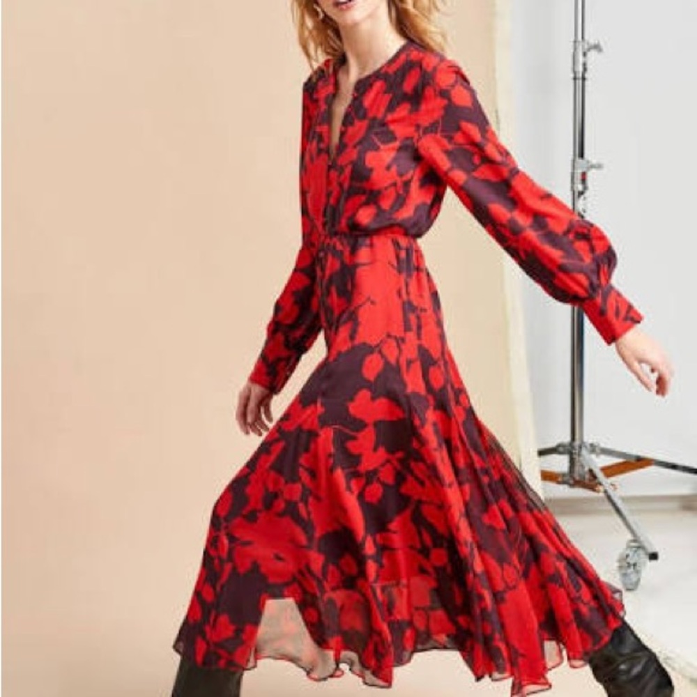 La Ligne Red and Black Pleated Sundress with Bishop Sleeves